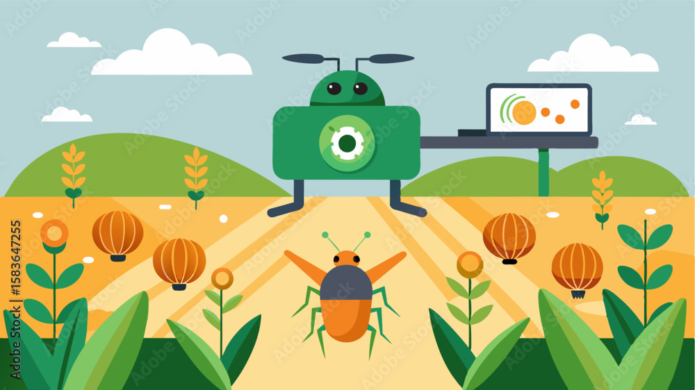 Fototapeta premium An AIpowered pest management system utilizes cameras and machine learning to identify and target specific pests in crop fields reducing crop damage and increasing yield.. Vector illustration