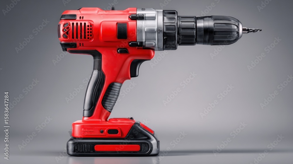 A red cordless drill with a silver head and black chuck rests on a gray surface A red cordless drill with a silver head and black chuck rests on a gray surface