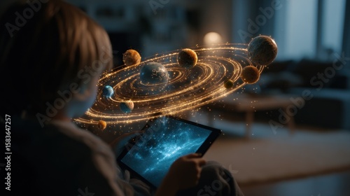 Child interacts with tablet, solar system projected