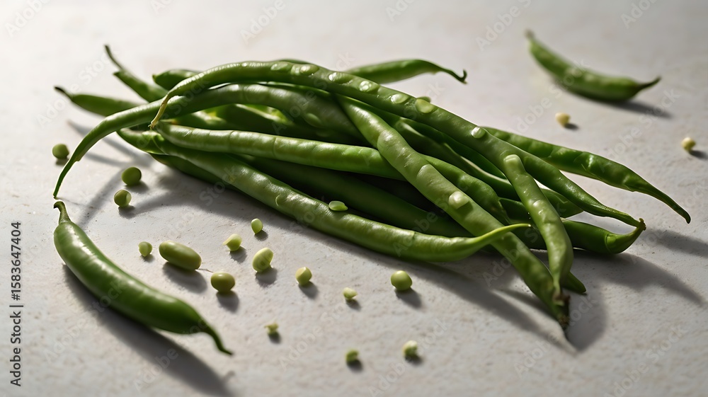 Top view or angled studio shot of green beans neatly placed on matte white background, with no visual clutter, clean and commercial-ready for plant-based lifestyle, nutrition, or cooking blogs Top view or angled studio shot of green beans neatly placed on matte white background, with no visual clutter, clean and commercial-ready for plant-based lifestyle, nutrition, or cooking blogs