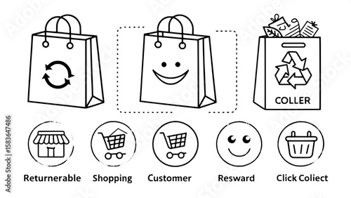 An organized display of line-art icons for various bag-related shopping concepts. Includes returnable bags, biodegradable bags, shopping bags with smiley faces, customer reward icons, and click-and-co