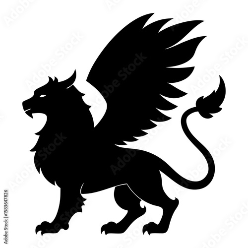 Mythical griffin silhouette with eagle wings and lion body isolated on white background