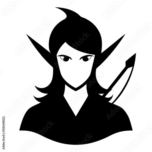 Elegant silhouette of a long haired elf archer drawing a bow isolated on white background