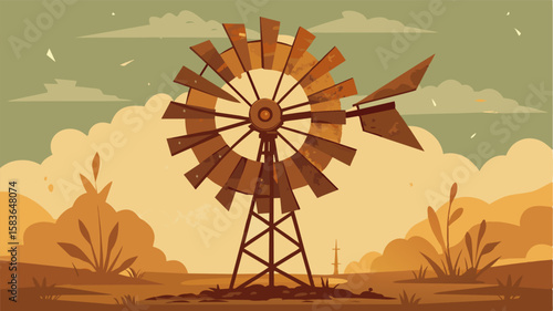 The rusted windmill creaks and groans as it turns in the breeze providing a backdrop for a freelancers abstract artwork. Using found objects from the farm they create a unique. Vector illustration