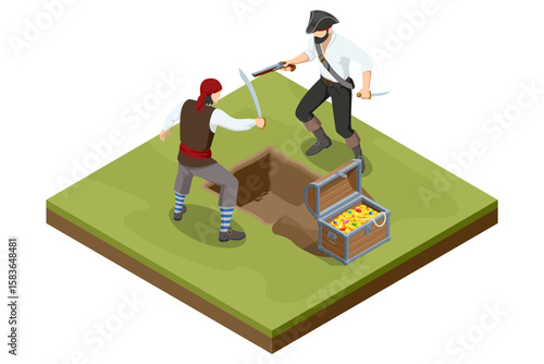 Pirate Fight over Treasure. Isometric scene depicting two pirates in a struggle for a newly unearthed treasure chest, one with a cutlass and the other with a pistol, on green ground Pirate, Sea robber