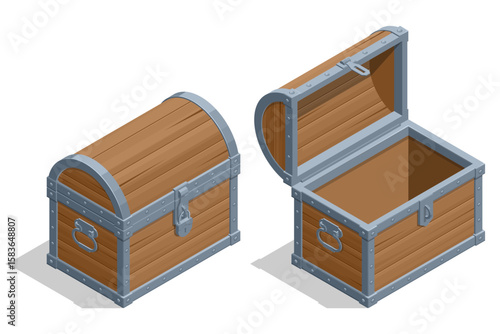 Wooden Treasure for Chest. An Isometric illustration featuring two wooden treasure chests: one closed and locked, the other open and empty, ready to be filled with riches or discoveries.