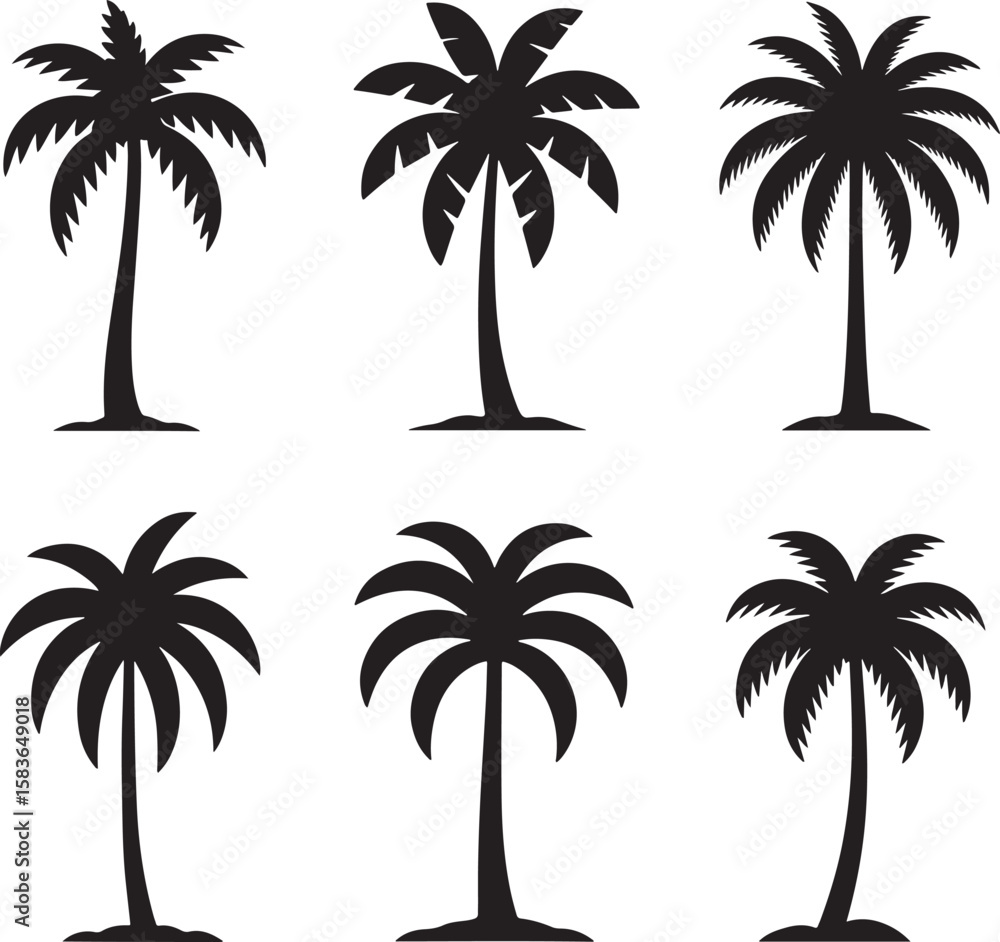 Fototapeta premium Collection of six black silhouette palm trees on a white background