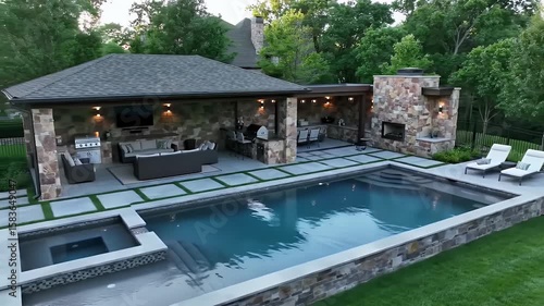 Wallpaper Mural Luxury Backyard With Stone Structure Outdoor Kitchen Pool Green Trees Landscape Design Architecture Real Estate Torontodigital.ca