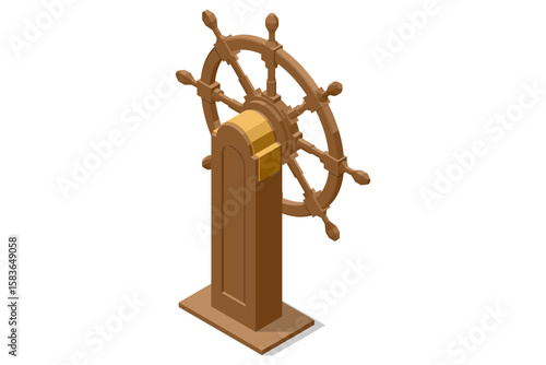 ship's wheel. A classic Isometric wooden ship's wheel with a sturdy stand, representing control and navigation at sea, ready for a grand voyage. Pirate, Sea robber, Marauder