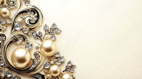 Ornate gold jewelry with pearls on a cream background