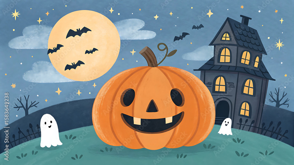 Fototapeta premium Whimsical halloween night scene with a large jack o lantern and haunted house