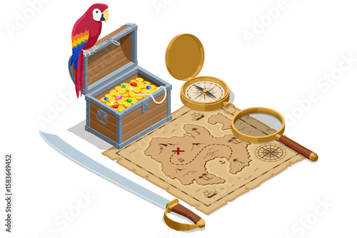 Isometric treasure map. An Isometric illustration depicting a pirate treasure scene with an open chest overflowing with gold, a map, compass, magnifying glass, sword, and a colorful parrot.