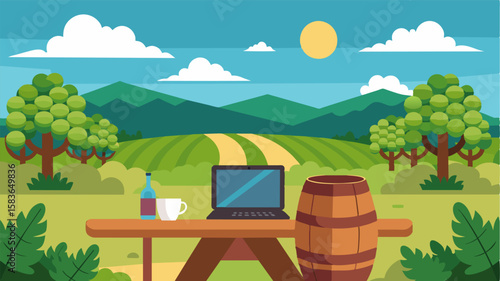 The ultimate office space a laptop sits atop a wooden barrel on a vineyard terrace surrounded by the heady scent of gs.. Vector illustration