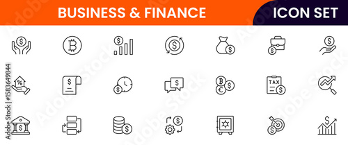 Business and Finance vector web line icon collection, sleek illustrations of budgets, savings, wallets, investments for smart, financial designs.