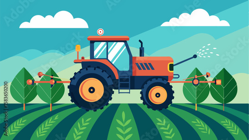 An image of a tractor equipped with a precision sprayer delivering targeted and controlled doses of pesticides to diseased crops identified through digital diagnosis.. Vector illustration