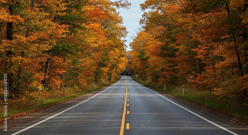 Naklejka premium Empty Road in Autumn Forest with Colorful Foliage and Clear Sky