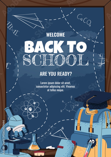 Back to school poster template. Background design with School chalkboard with chalk writing and school supplies. Education banner for school, university. International education day, teachers day.