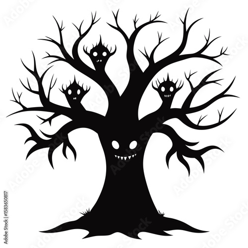 Mysterious silhouette of a gnarled cursed tree with eerie faces hidden within its bark isolated on white background
