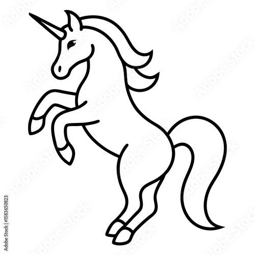 Elegant line art of a majestic unicorn rearing up with a spiraled horn isolated on white background