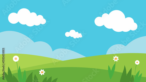 Peaceful Summer Meadow with Gentle Breeze and White Clouds