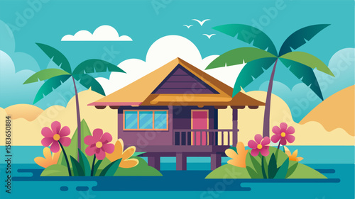The smell of tropical flowers and fresh sea breeze wafting through the bungalow inspiring creativity.. Vector illustration