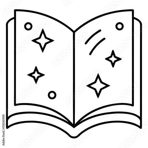 Detailed line art illustration of an open spellbook with arcane symbols isolated on white background