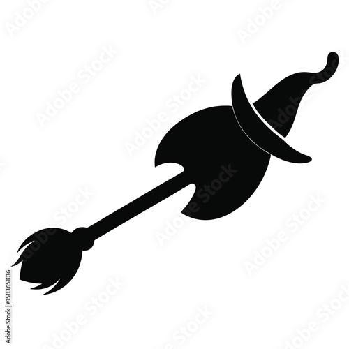 Silhouette of a magical flying broomstick with bristles isolated on white background