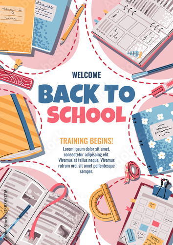 Back to school poster template. Cute school banner with books, textbooks and stationery. Cheerful flat design for school, preschool, stationery advertising, sale or social media. Vector illustration