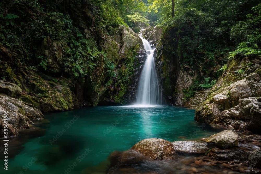 Fototapeta premium Serene waterfall cascading into a turquoise pool surrounded by verdant jungle foliage