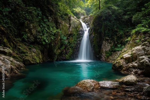 Serene waterfall cascading into a turquoise pool surrounded by verdant jungle foliage