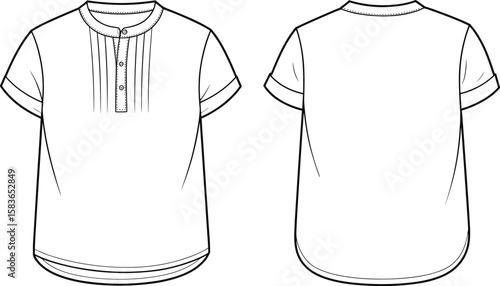 hort sleeve shirt fashion illustration, front and back sketch, pintuck detail, buttoned placket design, garment drawing, clothing concept layout