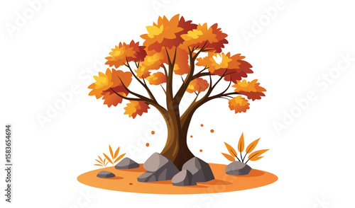Vector illustration of an autumn tree with orange and yellow leaves, depicting a vibrant scene of the fall season
