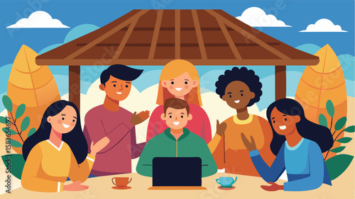 Friends from around the world come together for a virtual reunion under a rustic thatched roof.. Vector illustration