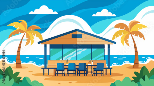 Instead of conference rooms and cubicles this company chooses to hold their meetings in a breezy beachfront hut with the calming sound of crashing waves in the background.. Vector illustration