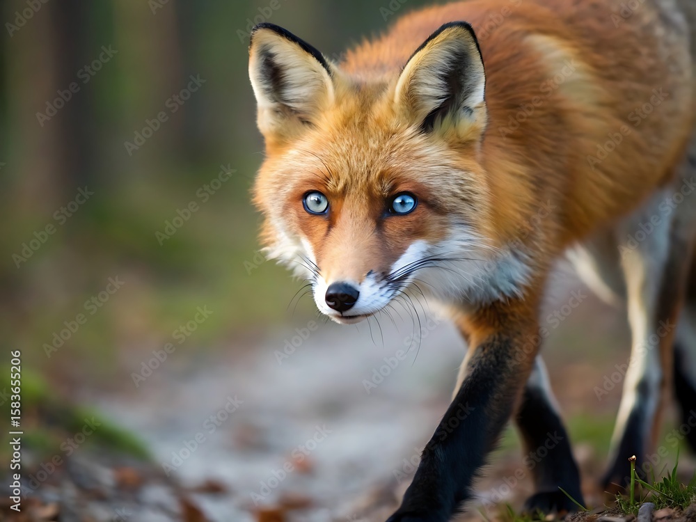 Fototapeta premium Red fox with striking blue eyes walking in a forest high resolution photo