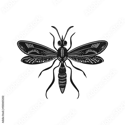  Intricate mosquito vector illustration showcasing detailed anatomy. This black and white depiction highlights the mosquito's wings, legs, and body, set against a plain white background.
