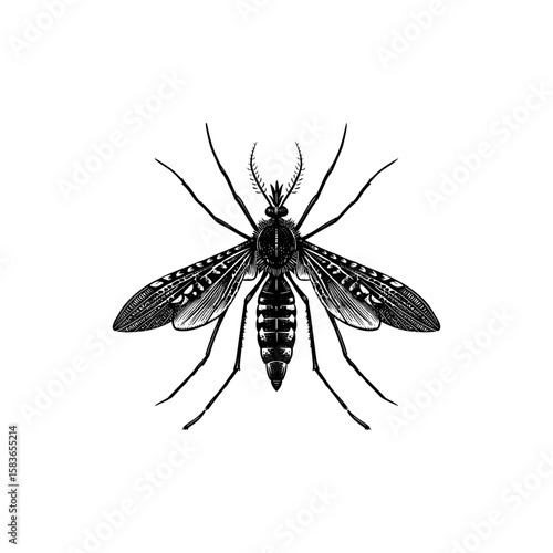  Intricate mosquito vector illustration showcasing detailed anatomy. This black and white depiction highlights the mosquito's wings, legs, and body, set against a plain white background.
