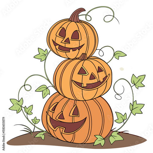Three cheerful stacked pumpkins with unique carved faces perfect for halloween decorations autumn celebrations and festive seasonal designs rendered as a vibrant vector illustration