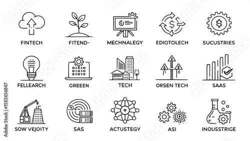 A 6x8 orthogonal icon grid illustrating different types of startups and industries — like fintech, healthtech, edtech, green tech, SaaS, and AI. Each icon is symbolic and abstracted into line art, usi