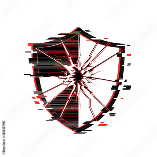 Cracked Shield Glitch Vector Icon, Cybersecurity Threat and Data Breach Symbol