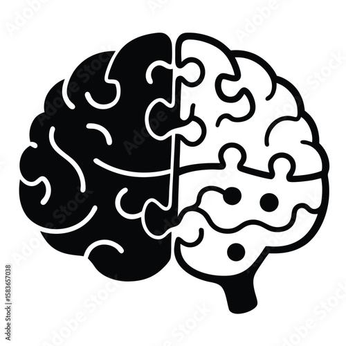 Brain with puzzle, outline vector icon on white background, editable stroke line