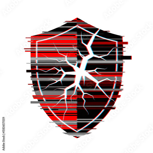 Cracked Shield Glitch Vector Icon, Cybersecurity Threat and Data Breach Symbol