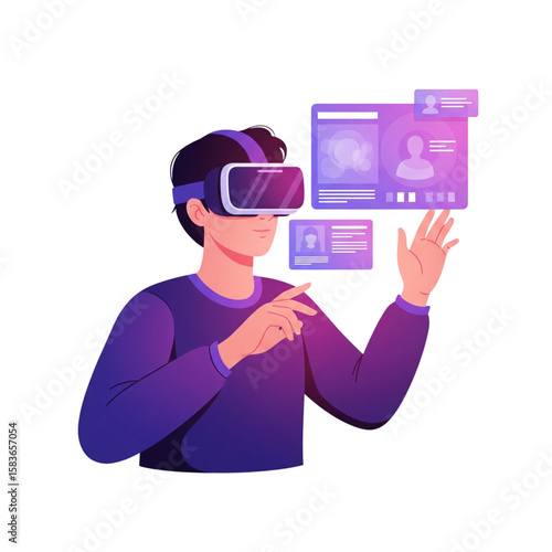 Flat Design Metaverse Illustration of Person in VR Headset Interacting with a Digital Interface