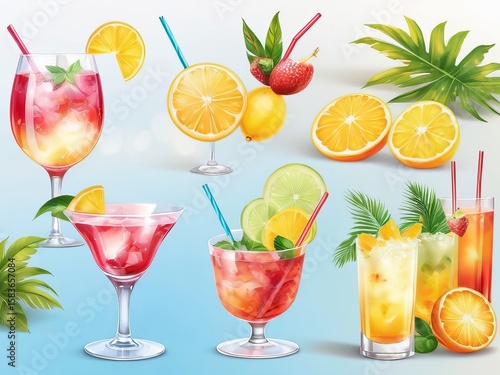 Colorful Refreshing Juice party menus and Cocktail Colorful Illustration with Citrus, Berries, and lemon slice bundle 