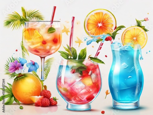 Colorful Refreshing Juice party menus and Cocktail Colorful Illustration with Citrus, Berries, and lemon slice bundle 