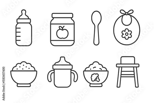 Baby Feeding Icons. Line style icons of baby food: baby bottle, puree jar, spoon with handle, bib. rice cereal, sippy cup, mashed
