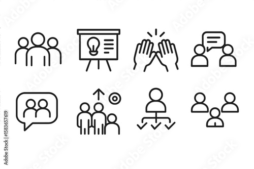 Teamwork Line Icons. Line style icons of teamwork: group icon, brainstorming board, high five, shared document. chat bubble, group