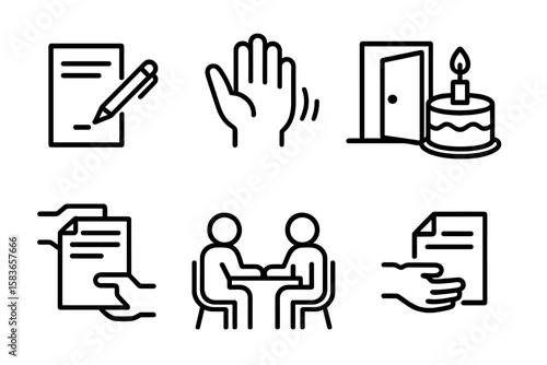 Job Resignation Icons. Line style icons of job resignation: resignation letter, goodbye wave, exit door, farewell cake. reference