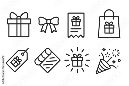 Gift Shopping Icons. Line style icons of gift shopping: gift box, ribbon icon, gift receipt, gift bag. occasion icon, gift tag,