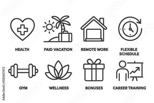 Job Benefits Icons. Line style icons of job benefits: health plan, paid vacation, remote work, flexible schedule. gym membership,
